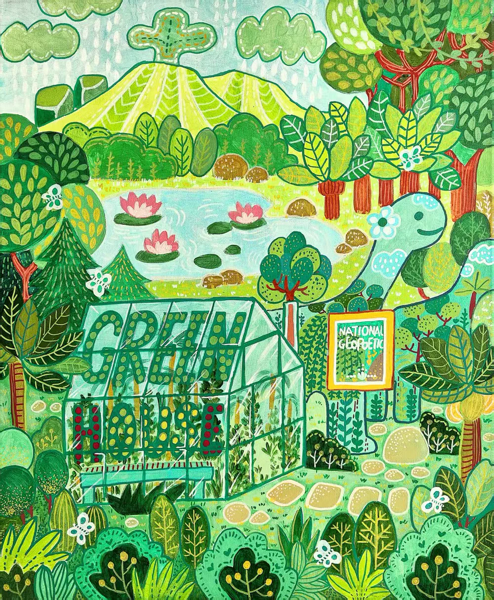 小宇作品《恐龙的秘密花园》，画面中有层层叠叠的绿色植物、池塘荷花与从树林间探出身体的恐龙
