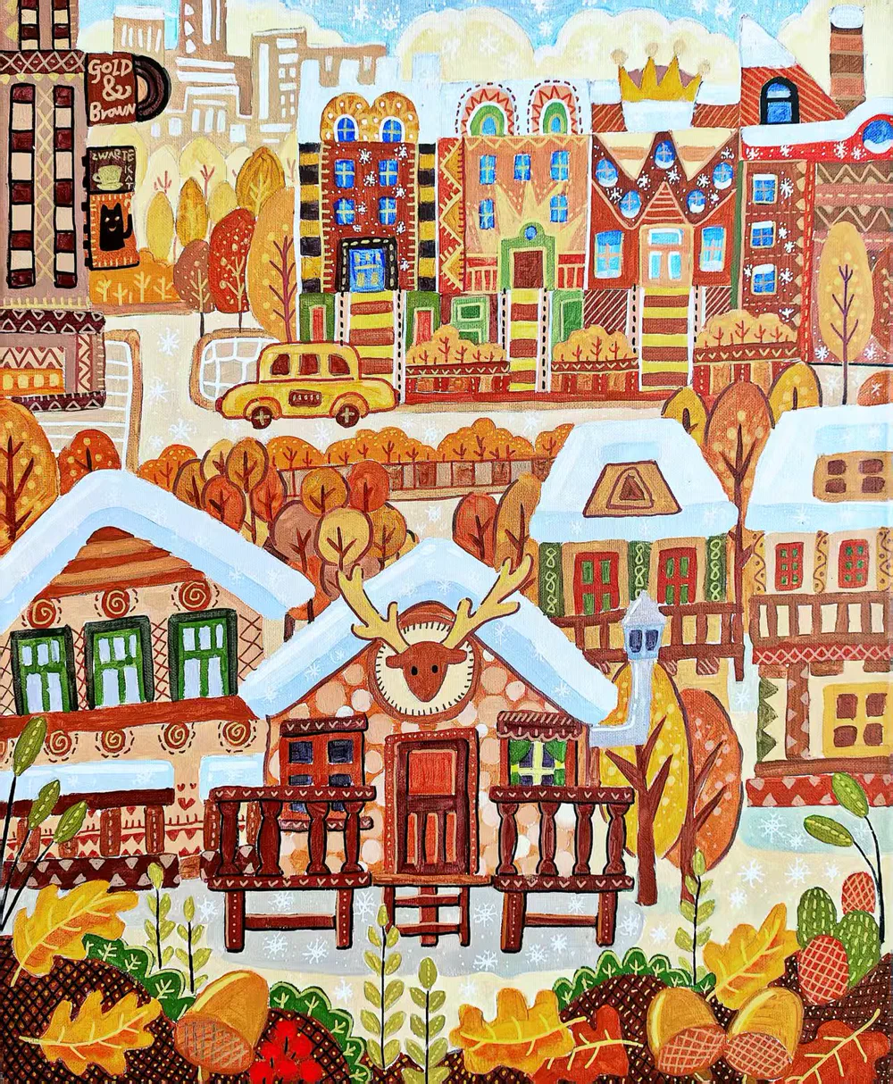 小宇作品《雪落鹿屋小镇》，画面中有带鹿角装饰的小木屋、覆盖屋顶的第一场雪与暖棕色树林